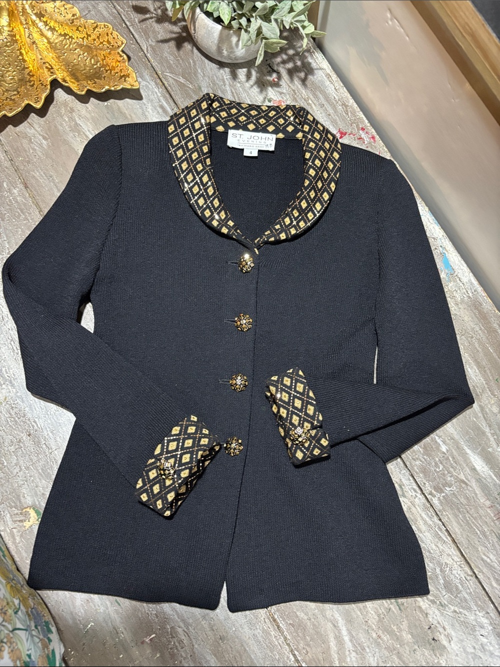 vintage St. John black Santana knit jacket -black and gold